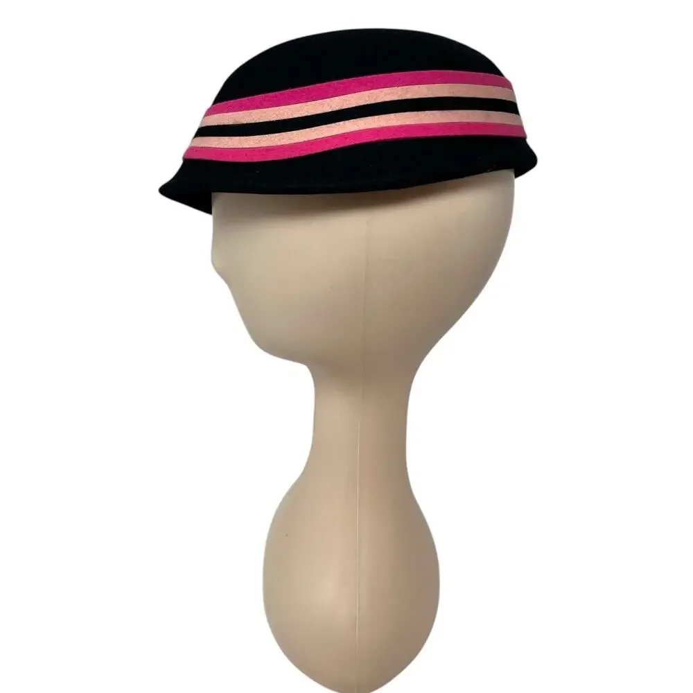 Vintage 1960s Fur Felt Pillbox Hat Pink Black Rhinestone Brooch Jackie O - Picture 6 of 10
